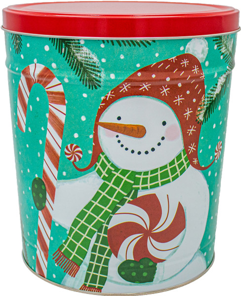 Peppermint Snowman 6.5-galon popcorn tin.