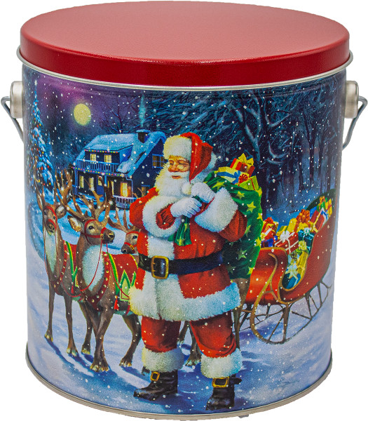 Santa With Reindeer 1-galon popcorn tin.