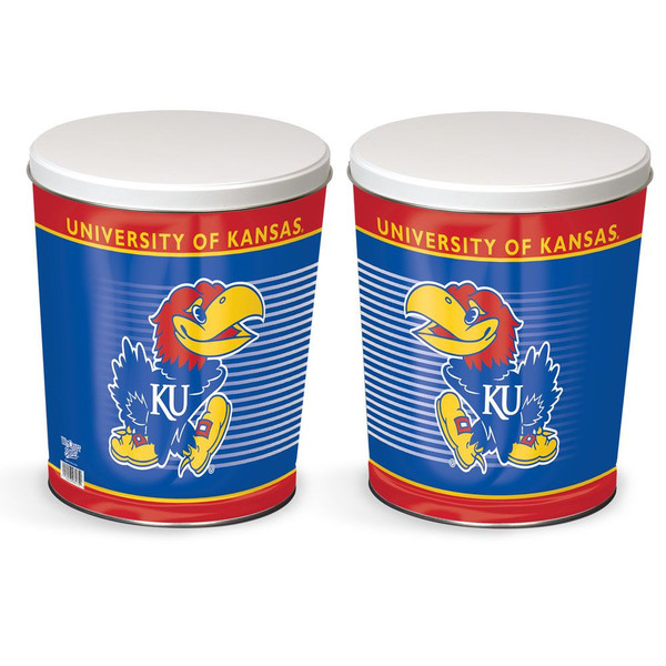 Kansas Jayhawks 3.5-gallon popcorn tin - 11.25" high with a 10" diameter.