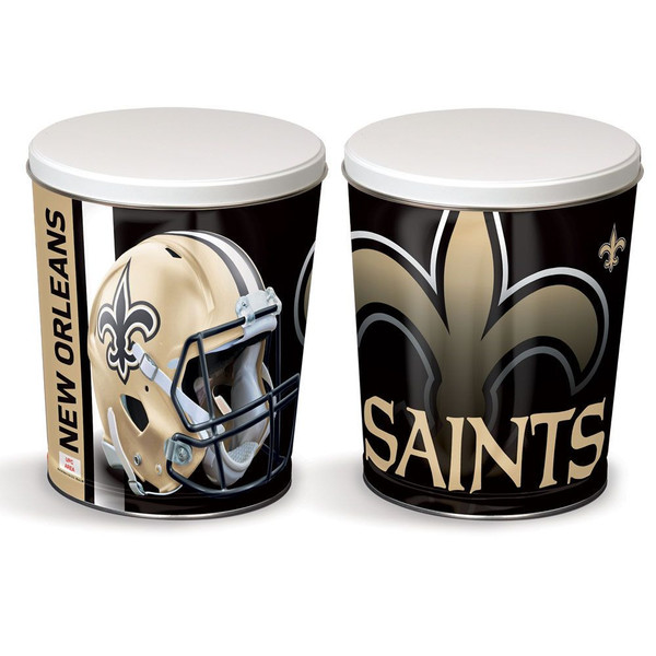 New Orleans Saints 3.5-gallon popcorn tin - 11.25" high with a 10" diameter.
