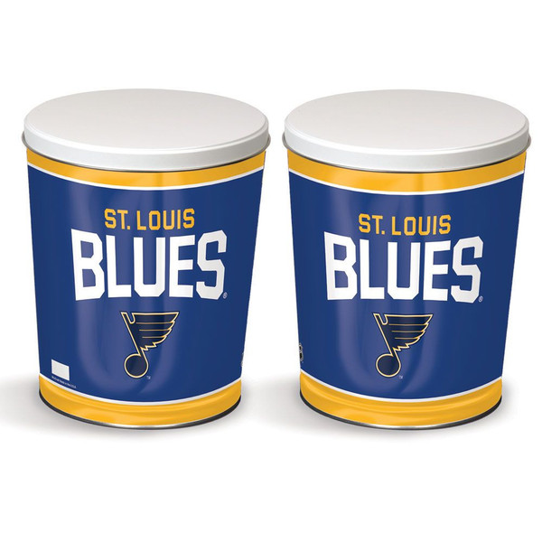 St. Louis Blues 3.5-gallon popcorn tin - 11.25" high with a 10" diameter.