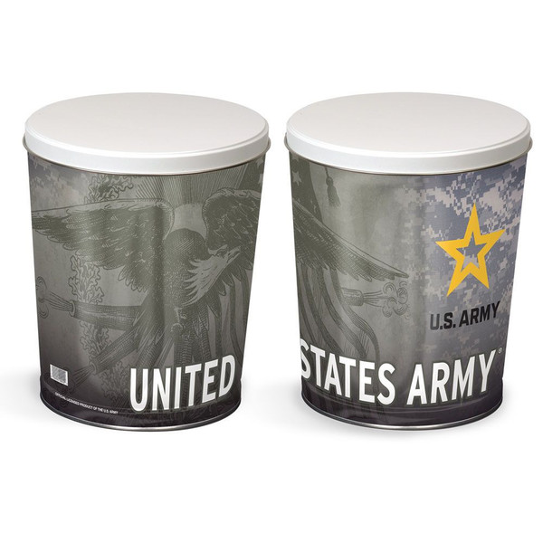 Army 3.5-gallon popcorn tin - 11.25" high with a 10" diameter.