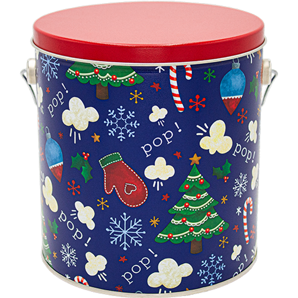 Pop Pop Pop! Classic Popcorn Tin – 1 Gallon — blue holiday tin with trees and mittens.