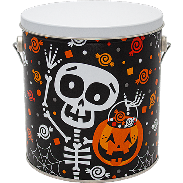 Frightful Fun Classic Popcorn Tin – 1 Gallon — Halloween design with pumpkins, ghosts, and cobwebs.