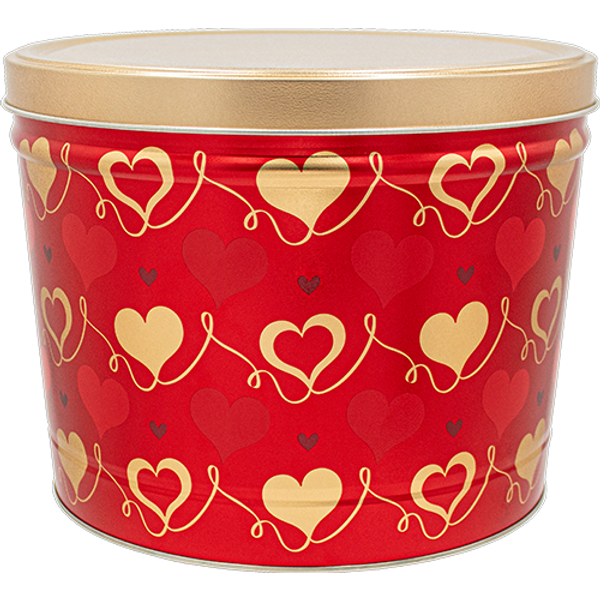 With Love Friends Popcorn Tin – 2 Gallon — red tin with gold hearts and gold lid.