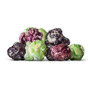 A mix of green apple, black cherry, and purple grape popcorn.