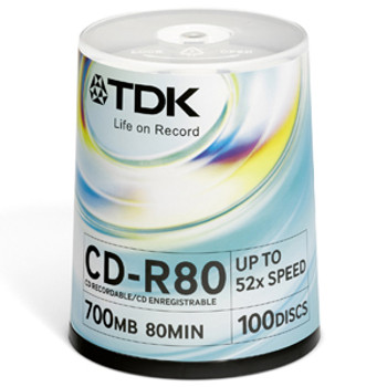 Part No: 48760 - TDK 52x CD-R Media - 700MB - 120mm Standard - 100 Pack Spindle