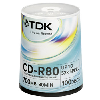 Part No: CD-R80BS-ZA - TDK 52x CD-R Media - 700MB - 100 Pack