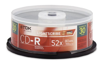 Part No: CD-R80CB30TG - TDK 52x CD-R Media - 700MB - 30 Pack