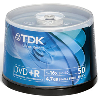 Part No: DVD+R47FCB50 - TDK 16x dvd+R Media - 4.7GB - 50 Pack Spindle