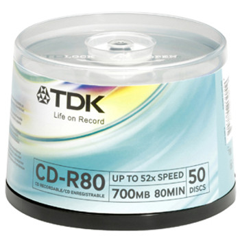 Part No: CD-R80CB50T - TDK 24x CD-R Media - 700MB - 50 Pack