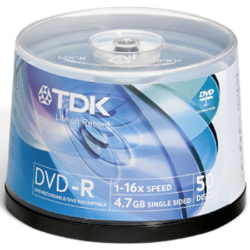 Part No: DVD-R47FCB100 - TDK 16x dvd-R Media - 4.7GB - 100 Pack