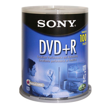 Part No: 100DPR47RS4 - Sony 16x dvd+R Media - 4.7GB - 120mm Standard - 100 Pack Spindle