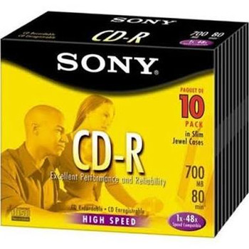Part No: 10CDQ80L3//T - Sony 48x CD-R Media - 700MB - 10 Pack