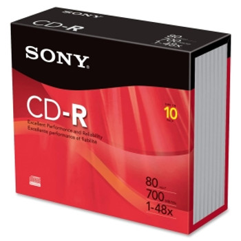 Part No: 10CDQ80R - Sony 48x CD-R Media - 700MB - 120mm - 10 Pack Slim Jewel Case
