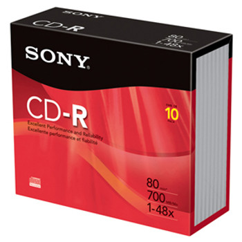 Part No: 10CRM80R - Sony CD-R Media - 700MB - 120mm Standard - 10 Pack Slim Jewel Case