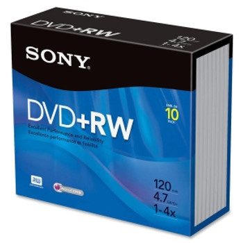 Part No: 10DPW47R2 - Sony 4x dvd+RW Media - 4.7GB - 120mm - 10 Pack Jewel Case