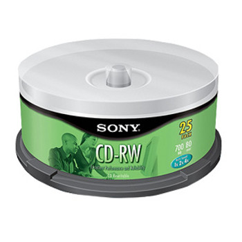 Part No: 25CDRW700RS - Sony 4x CD-RW Media - 700MB - 120mm Standard - 25 Pack Spindle