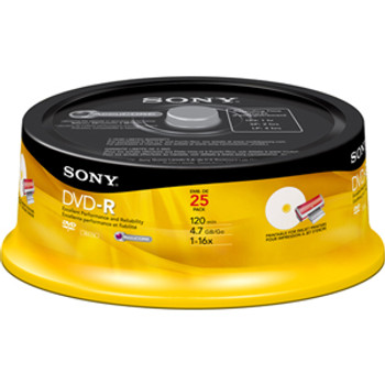 Part No: 25DMR47RSP4 - Sony 16x dvd-R Media - 4.7GB - 120mm Standard - 25 Pack Spindle