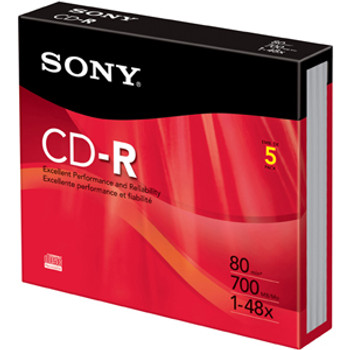 Part No: 5CDQ80RH - Sony 5CDQ80RH CD Recordable Media - CD-R - 48x - 700 MB - 5 Pack Slim Jewel Case - 120mm1.33 Hour Maximum Recording Time