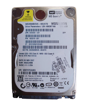 Part No: 455019-001 - HP 250GB 5400RPM SATA 1.5GB/s 8MB Cache 9.5mm 2.5-inch Hard Drive