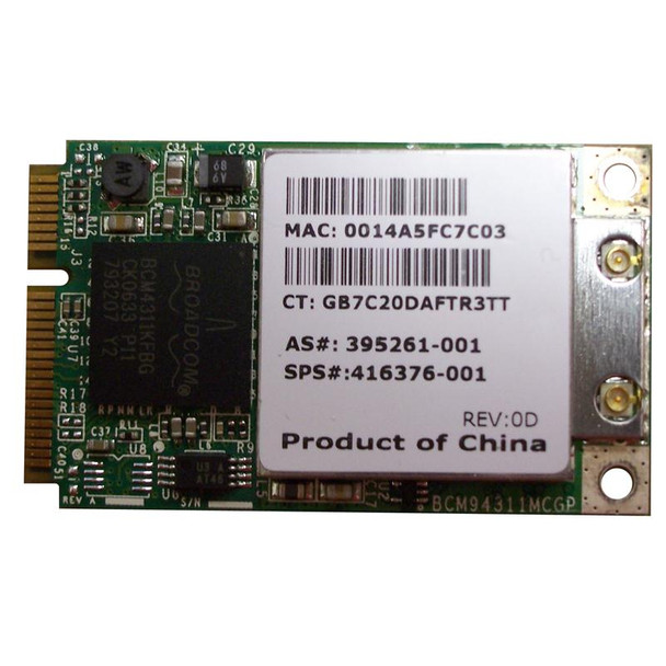 Part No: 416376-001 - HP Mini PCI-Express 54G WiFi 802.11b/g High-Speed Embedded Wireless LAN (WLAN) Network Interface Card for Pavilion DV2000 Series Part No: 416376-001 - HP Mini PCI-Express 54G WiFi 802.11b/g High-Speed Embedded Wireless LAN (WLAN) Network Interface Card for Pavilion DV2000 Series