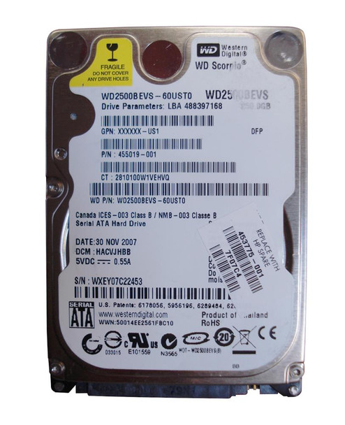 Part No: 455019-001 - HP 250GB 5400RPM SATA 1.5GB/s 8MB Cache 9.5mm 2.5-inch Hard Drive Part No: 455019-001 - HP 250GB 5400RPM SATA 1.5GB/s 8MB Cache 9.5mm 2.5-inch Hard Drive