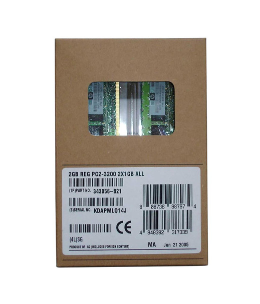 Part No: 343056-B21-DDO - HP 2GB Kit (2 X 1GB) PC2-3200 DDR2-400MHz ECC Registered CL3 240-Pin DIMM Memory for ProLiant DL360/DL380 G4p Server Part No: 343056-B21-DDO - HP 2GB Kit (2 X 1GB) PC2-3200 DDR2-400MHz ECC Registered CL3 240-Pin DIMM Memory for ProLiant DL360/DL380 G4p Server