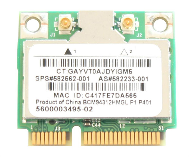 Part No: 582562-001 - HP Broadcom 4312G 802.11 b/g WLAN Wireless Network Interface Card Part No: 582562-001 - HP Broadcom 4312G 802.11 b/g WLAN Wireless Network Interface Card