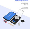 Digital Milligram Scale with precise measurement capacity, featuring a light blue background and included accessories.
