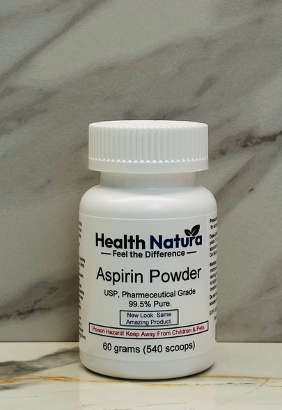 Aspirin Powder USP 60g, pure white powder in a clear 60g bottle, contains 99.5% pure.
