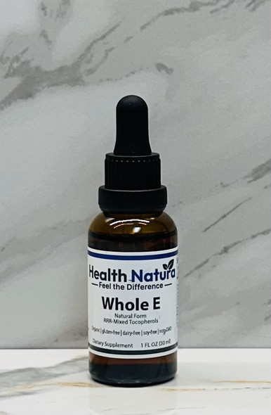 Whole E 1oz natural vitamin E supplement by Health Natura with 100 i.u. in a dropper.
