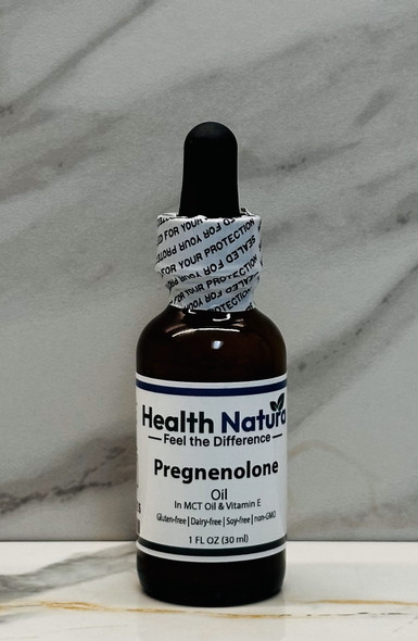 Pregnenelone oil, 1oz brown glass bottle with white label and dropper, steady hormone supplement.