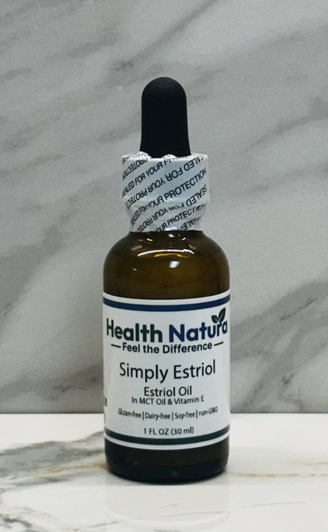 Topical Estriol Estrogen Oil 1 oz by Health Natura with dropper and label.