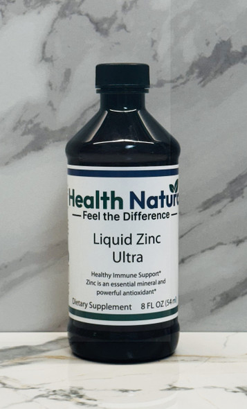 Health Natura Liquid Zinc Ultra 8oz bottle, premium liquid zinc sulfate heptahydrate supplement.