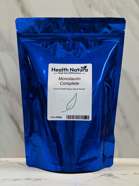 Monolaurin Complete supplement by Health Natura in 21oz blue foil pouch packaging.