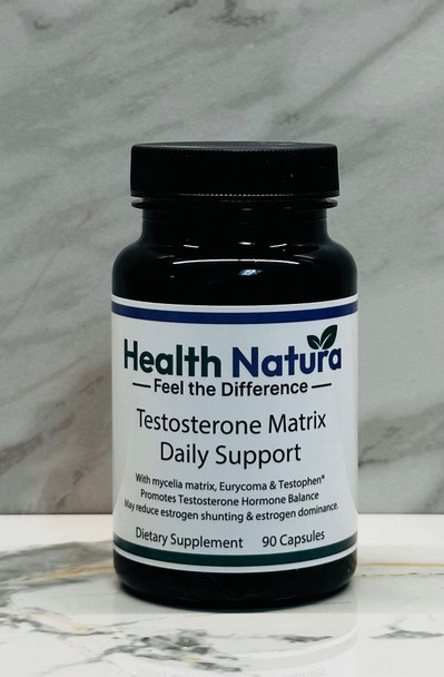 Testosterone Matrix Daily Support supplement bottle, 90 count, containing herbal testosterone blend. Testosterone Matrix Daily Support supplement bottle, 90 count, containing herbal testosterone blend.