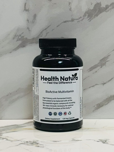 BioActive Multivitamin supplement bottle, 100% plant-derived, vegan formula on marble background.