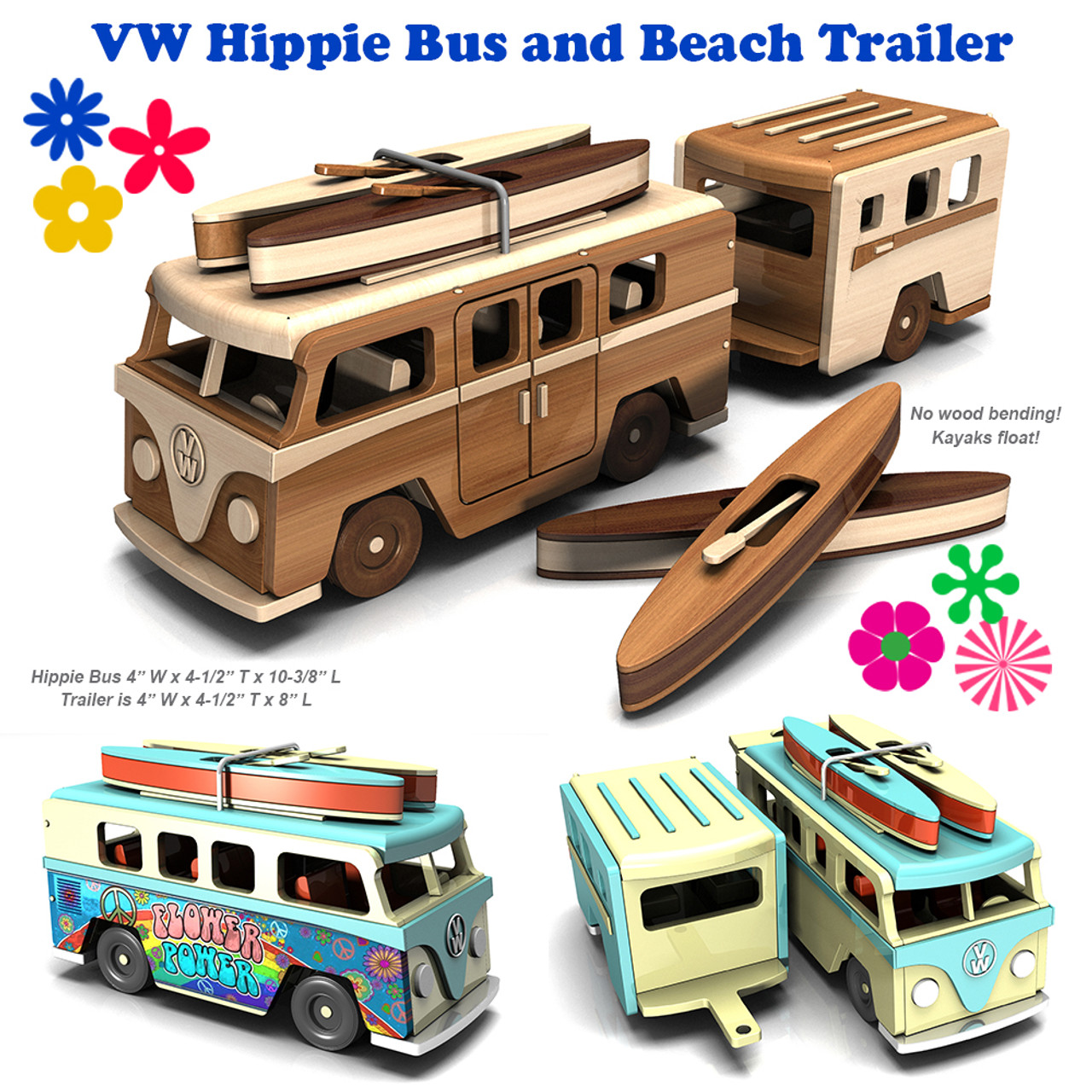 Bus and Beach Trailer + Kayaks Wood Toy