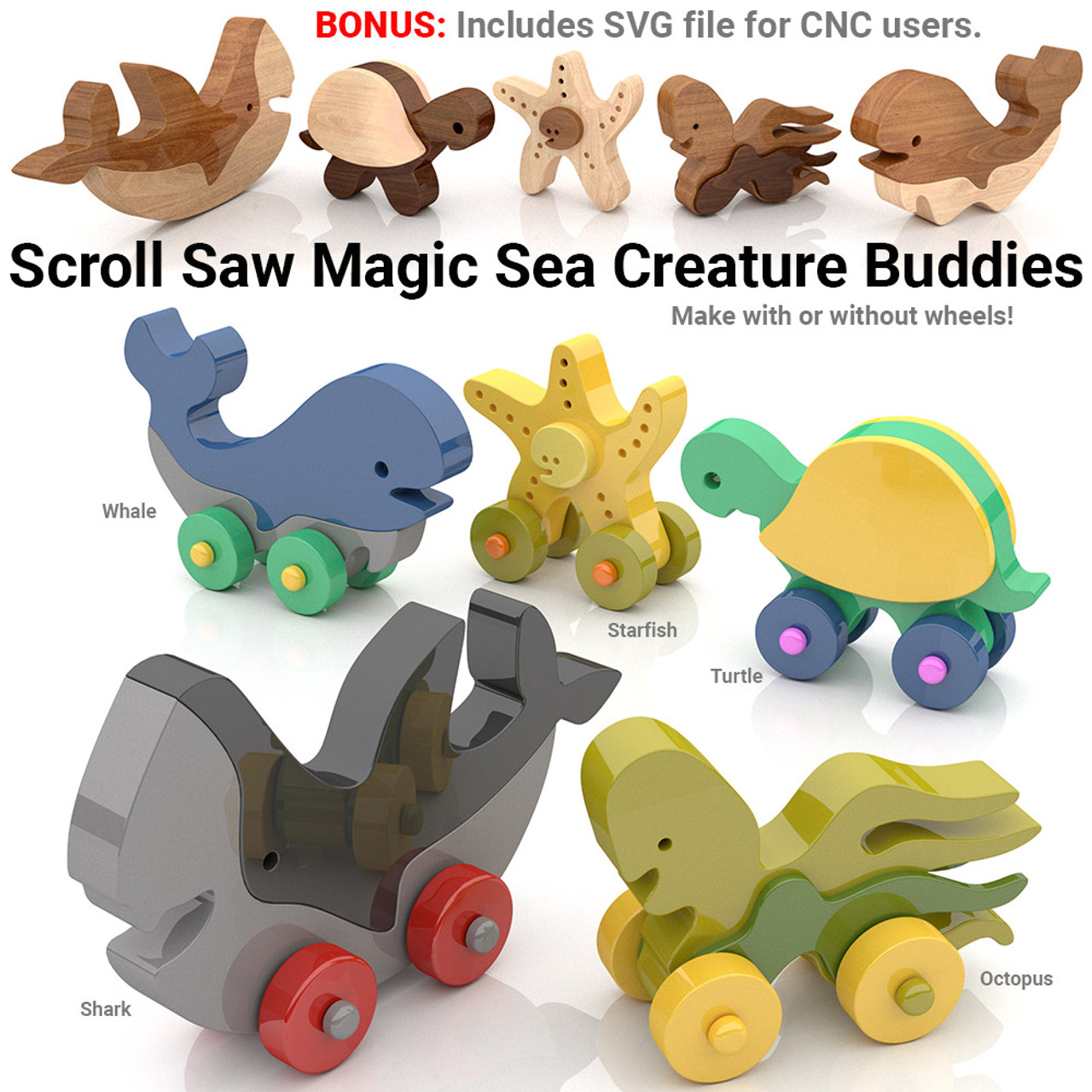Scroll Saw Magic Sea Creature Buddies Wood Toy Plans (PDF Download + SVG File) free-easy-scroll-saw-woodworking-projects-plans-print-ready-patterns