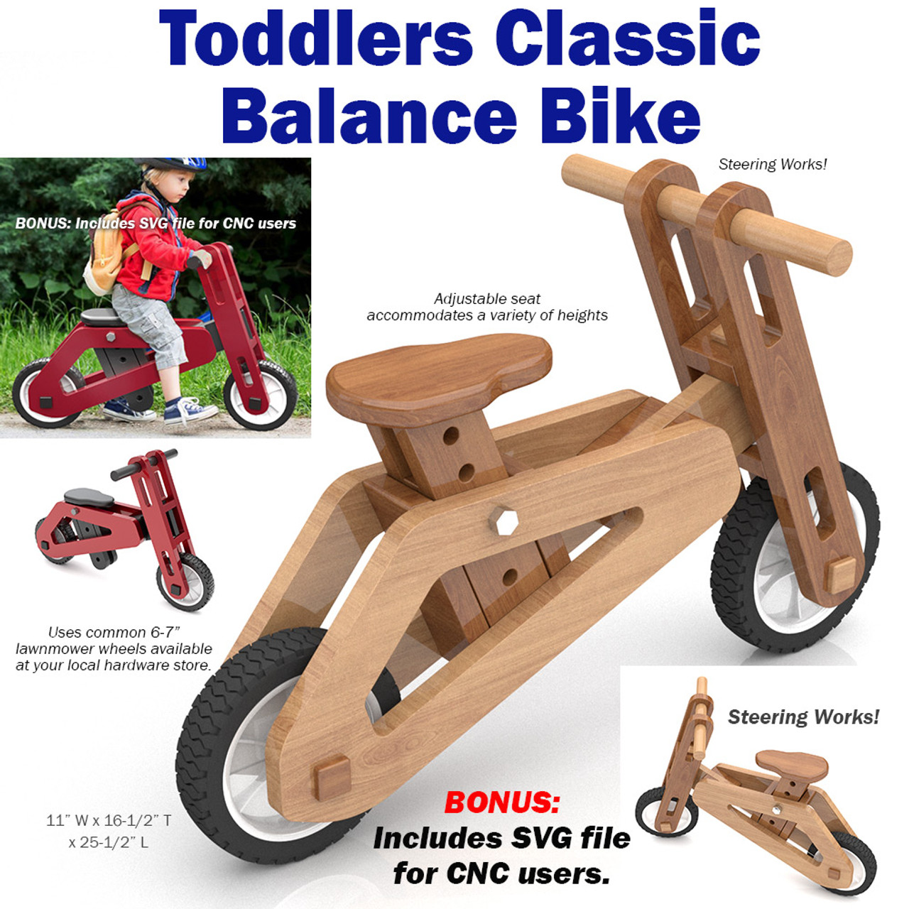 Toddlers Classic Balance Bike Wood Toy Plans PDF Download SVG File