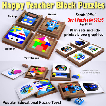 Happy Teacher Block Puzzles - Pickup - Robot - Sailboat - Townhouse (4 PDF Downloads) Wood Toy Plans