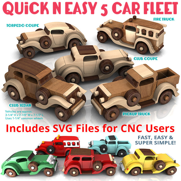 Quick & Easy 5 Car Fleet Wood Toy Plans (5 PDF Downloads + SVG Files for CNC)