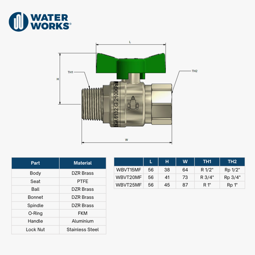 Watermark DZR Brass Ball Valve M/F T-Handle