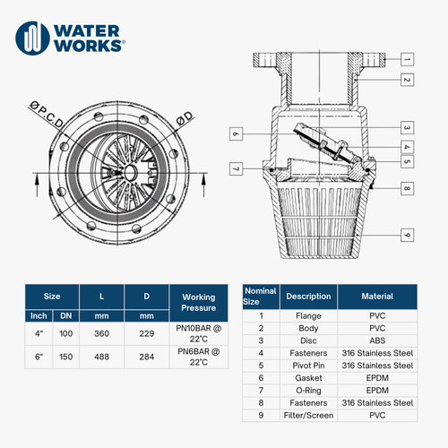 Flanged Swing Foot Valve uPVC Body Full Flow Design EPDM Seats and O-rings 316 SS Fasteners