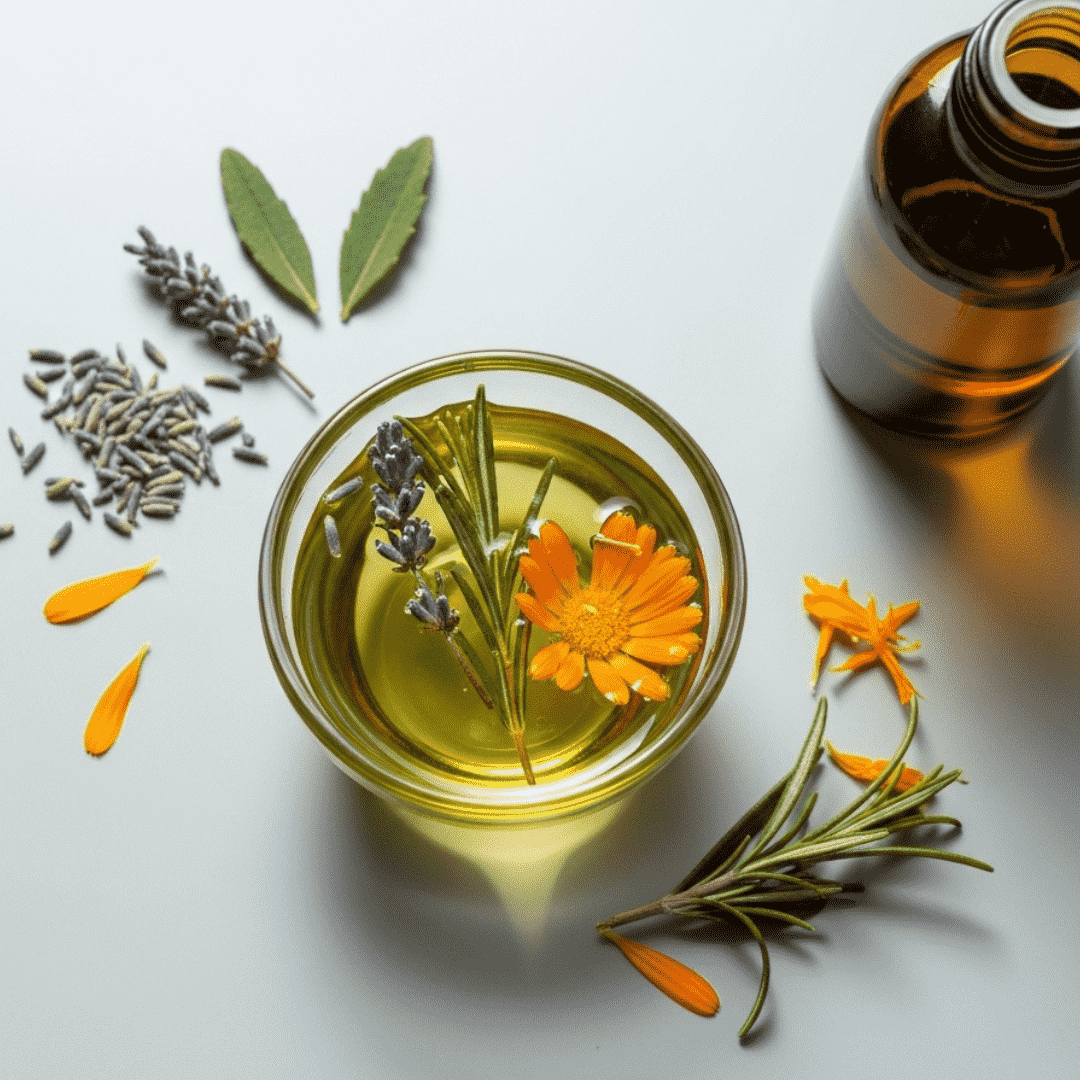Herbal infused carrier oils and extraction supplies for DIY skincare.