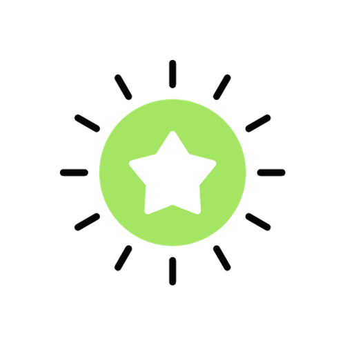 Icon featuring a white star in the center of a green circle with black radiating lines