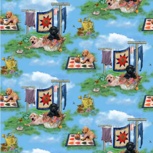 Pups In the Garden Scenic Cyan; Artist: Robert Giordano; Henry Glass; 100% Cotton; 44" Wide