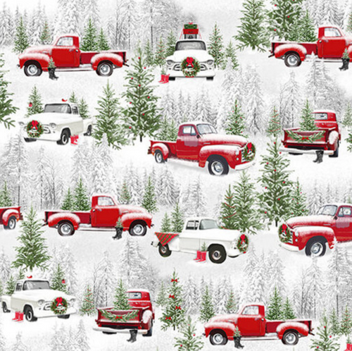 The Tradition Continues II, Medium Trucks All-Over, Gray; Henry Glass; Christmas theme; 100% Cotton, 44 inches wide