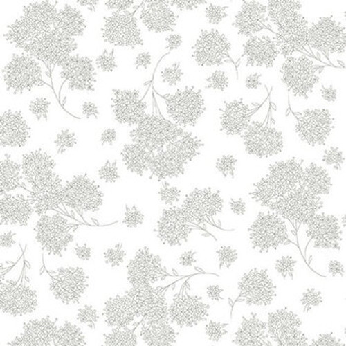 White flowers on white background, 45" wide, 100% cotton.